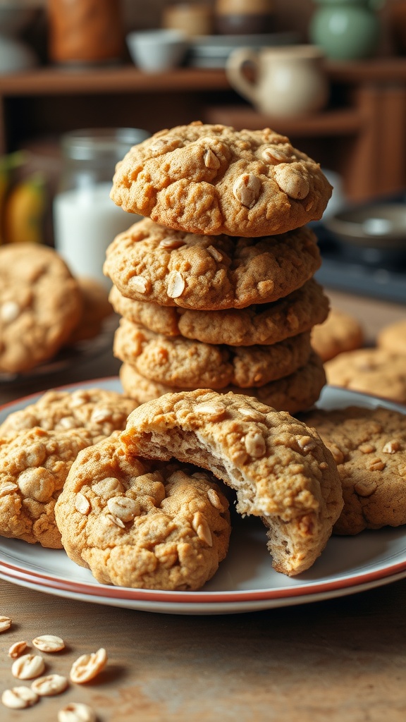 A stack of banana oatmeal cookies on a plate, showcasing their chewy texture and golden-brown color.